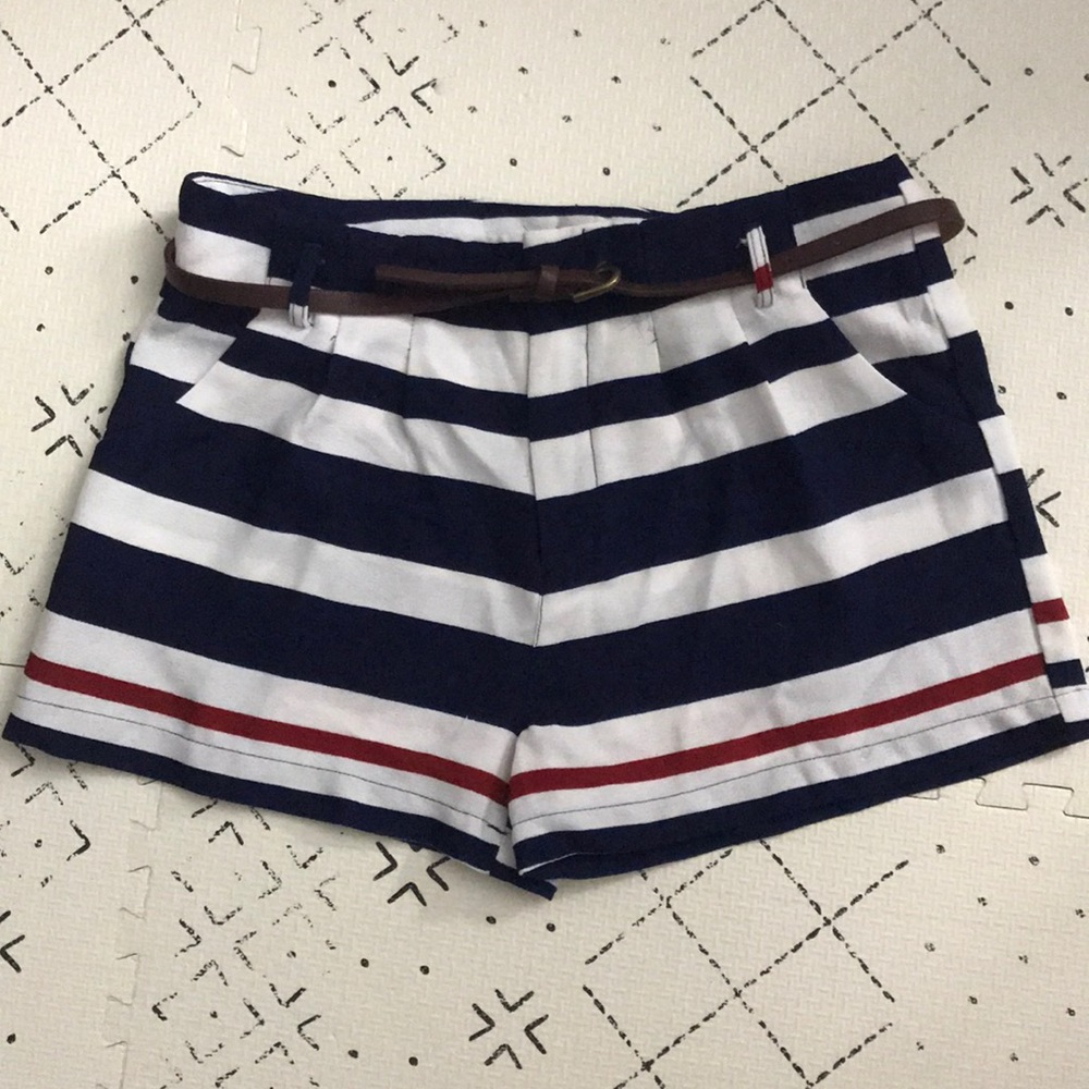 Navy, White and Red Striped Shorts